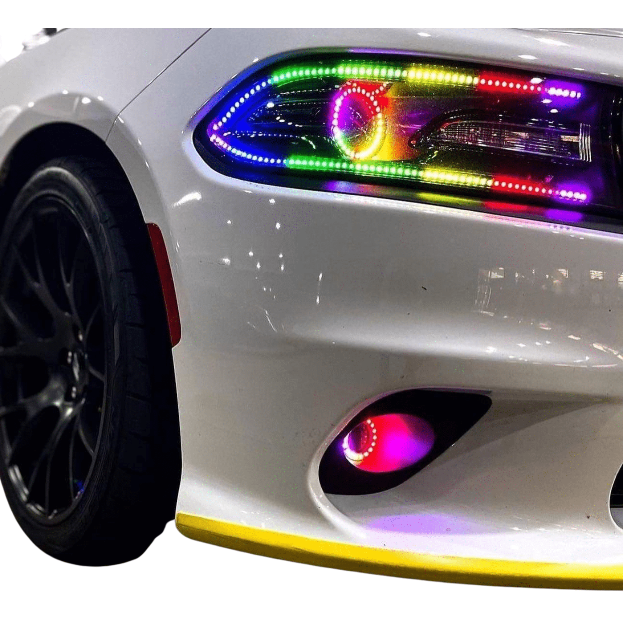 2015-2023 Dodge Charger Flow Series DRL Boards - RGB Halo Kits Multicolor Flow Series Color Chasing RGBWA LED headlight kit Oracle Lighting Trendz OneUpLighting Morimoto theretrofitsource AutoLEDTech Diode Dynamics