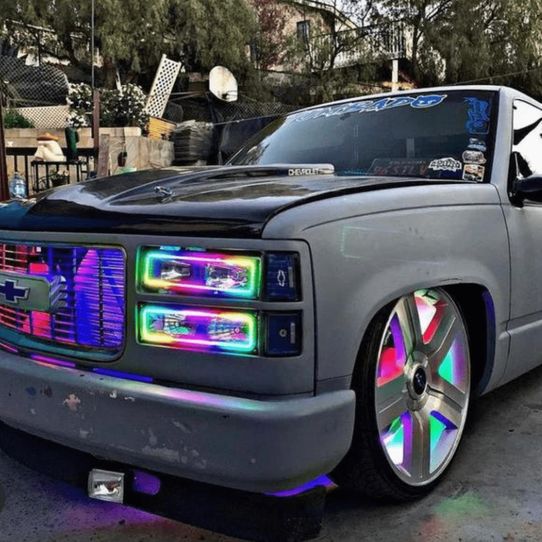 1989-1999 GMC Sierra Multicolor Halo Kit - RGB Halo Kits Multicolor Flow Series Color Chasing RGBWA LED headlight kit Colorshift Oracle Lighting Trendz OneUpLighting Morimoto theretrofitsource AutoLEDTech Diode Dynamics