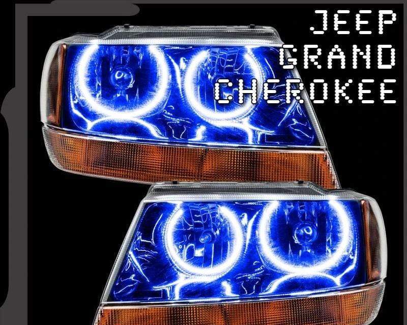 1999-2004 Jeep Grand Cherokee Multicolor Halo Kit - RGB Halo Kits Multicolor Flow Series Color Chasing RGBWA LED headlight kit Colorshift Oracle Lighting Trendz OneUpLighting Morimoto theretrofitsource AutoLEDTech Diode Dynamics
