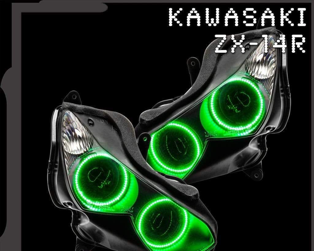 2007-2015 Kawasaki ZX-14R Motorcycle Multicolor Halo Kit - RGB Halo Kits Multicolor Flow Series Color Chasing RGBWA LED headlight kit Colorshift Oracle Lighting Trendz OneUpLighting Morimoto theretrofitsource AutoLEDTech Diode Dynamics