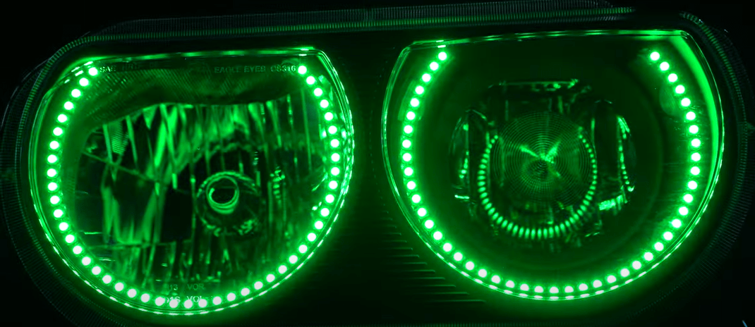 2008-2014 Dodge Challenger Prebuilt Headlights - RGB Halo Kits Multicolor Flow Series Color Chasing RGBWA LED headlight kit Oracle Lighting Trendz OneUpLighting Morimoto theretrofitsource AutoLEDTech Diode Dynamics