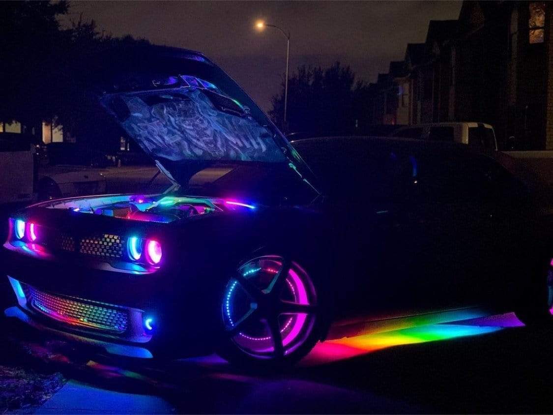 2015-2024 Dodge Challenger Multicolor Halo Kit - RGB Halo Kits Multicolor Flow Series Color Chasing RGBWA LED headlight kit Oracle Lighting Trendz OneUpLighting Morimoto theretrofitsource AutoLEDTech Diode Dynamics