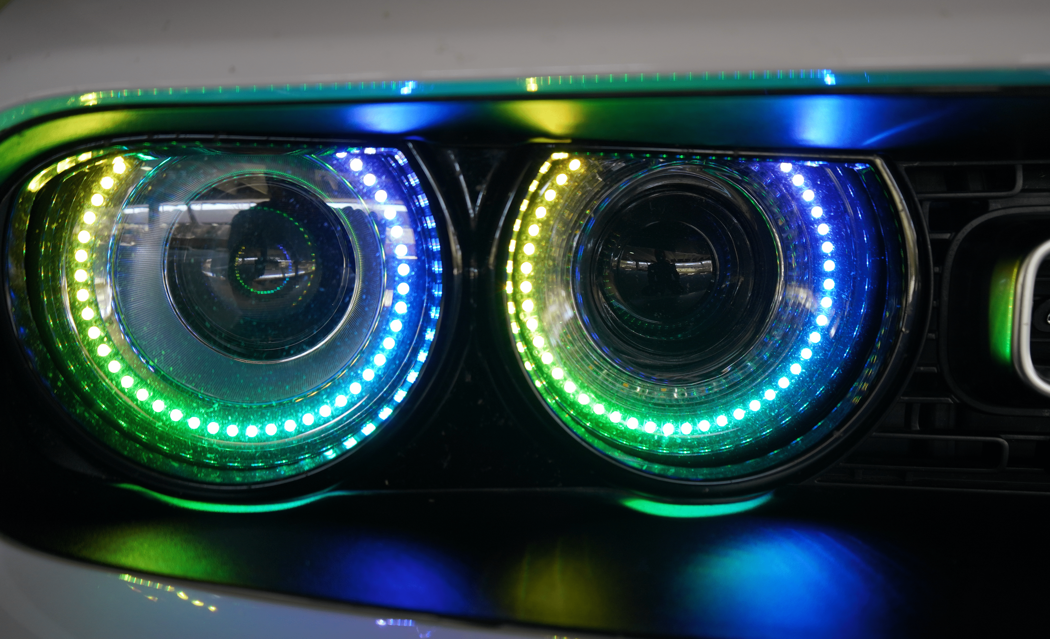 2015-2024 Dodge Challenger Multicolor Halo Kit - RGB Halo Kits Multicolor Flow Series Color Chasing RGBWA LED headlight kit Oracle Lighting Trendz OneUpLighting Morimoto theretrofitsource AutoLEDTech Diode Dynamics