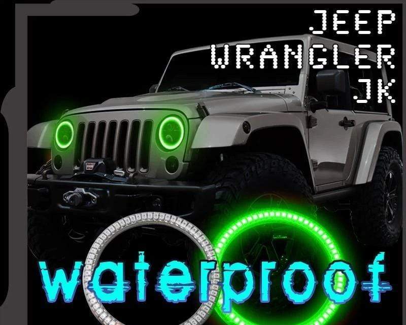 2007-2017 Jeep Wrangler JK Multicolor Halo Kit- Surface Mount Waterproof - RGB Halo Kits Multicolor Flow Series Color Chasing RGBWA LED headlight kit Oracle Lighting Trendz OneUpLighting Morimoto theretrofitsource AutoLEDTech Diode Dynamics
