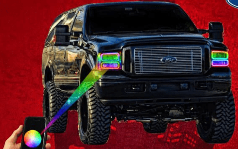 2005 FORD Excursion Multicolor Halo Kit - RGB Halo Kits Multicolor Flow Series Color Chasing RGBWA LED headlight kit Colorshift Oracle Lighting Trendz OneUpLighting Morimoto theretrofitsource AutoLEDTech Diode Dynamics