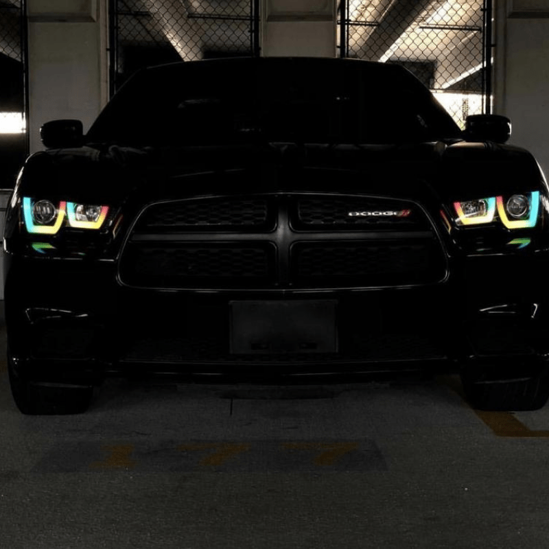 2011-2014 Dodge Charger Spec-D: Multicolor Built Headlights - RGB Halo Kits Multicolor Flow Series Color Chasing RGBWA LED headlight kit Colorshift Oracle Lighting Trendz OneUpLighting Morimoto theretrofitsource AutoLEDTech Diode Dynamics