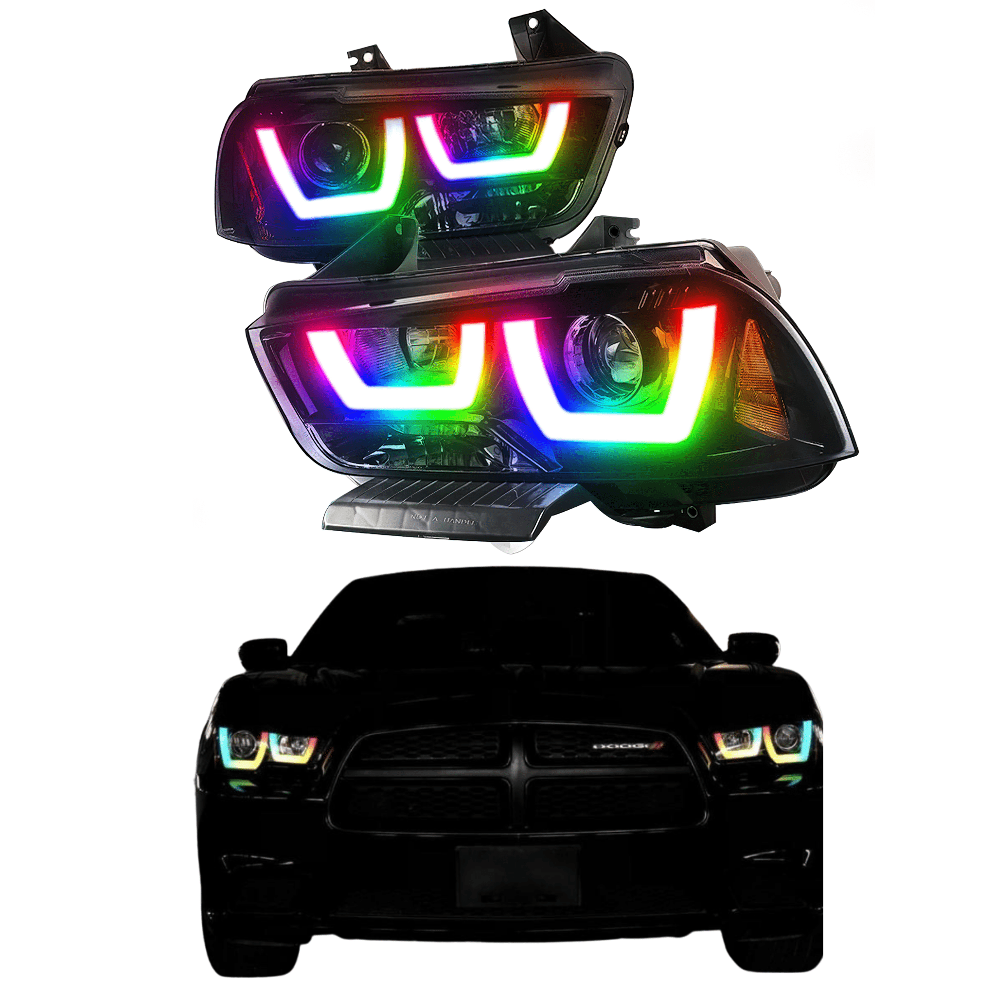 2011-2014 Dodge Charger Spec-D Prebuilt Headlights - RGB Halo Kits Multicolor Flow Series Color Chasing RGBWA LED headlight kit Oracle Lighting Trendz OneUpLighting Morimoto theretrofitsource AutoLEDTech Diode Dynamics