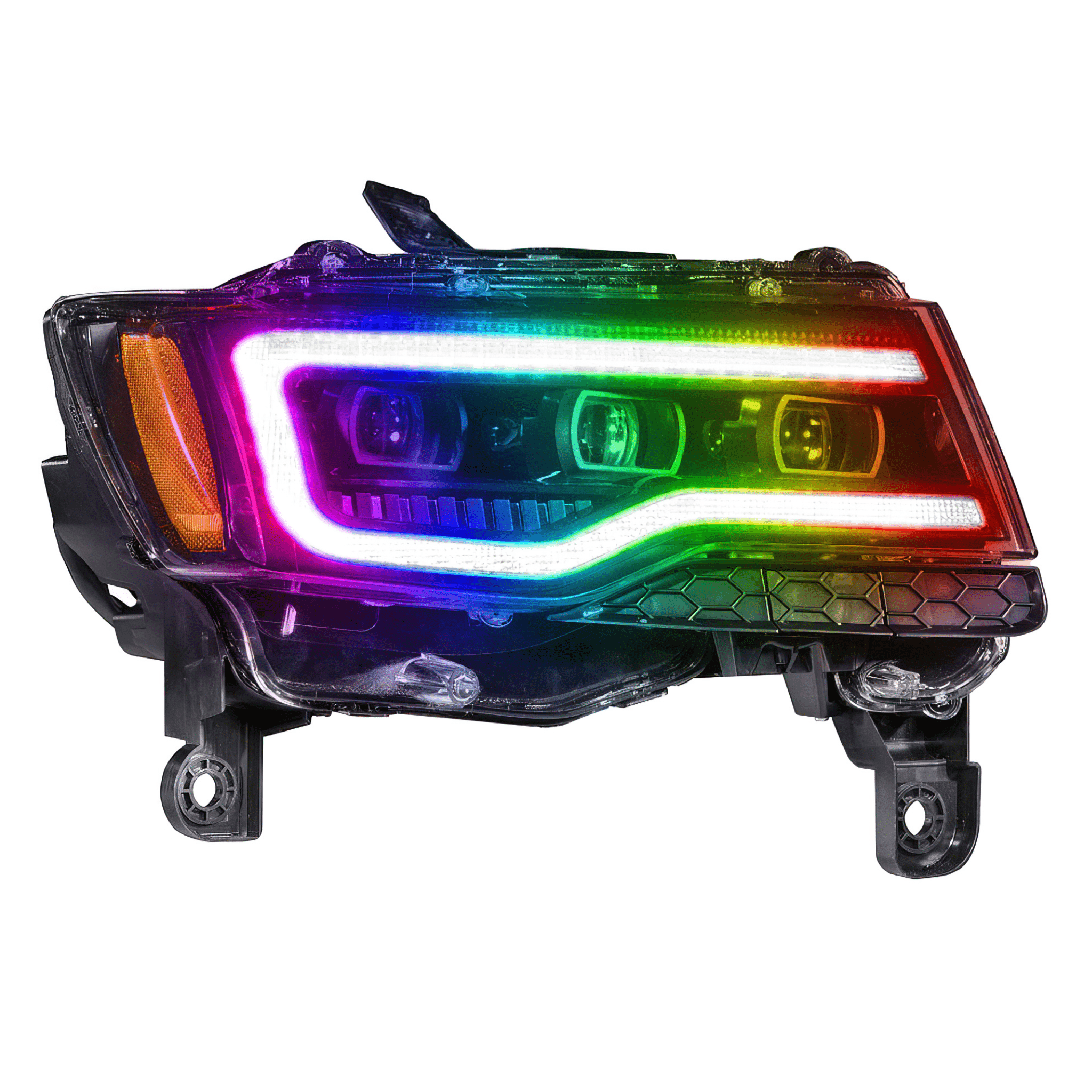 2014-2021 Jeep Grand Cherokee Multicolor Prebuilt XB Headlights - RGB Halo Kits Multicolor Flow Series Color Chasing RGBWA LED headlight kit Oracle Lighting Trendz OneUpLighting Morimoto theretrofitsource AutoLEDTech Diode Dynamics