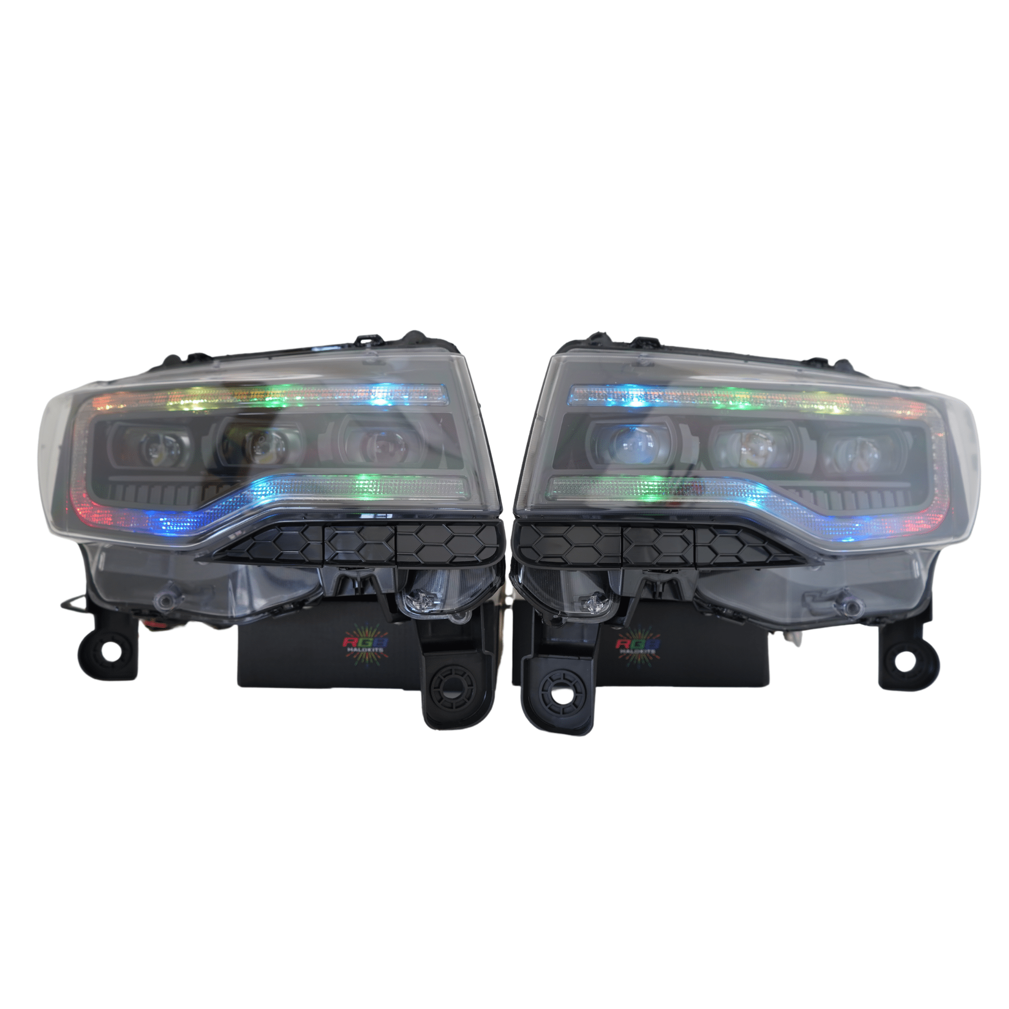 2014-2021 Jeep Grand Cherokee Multicolor Prebuilt XB Headlights - RGB Halo Kits Multicolor Flow Series Color Chasing RGBWA LED headlight kit Oracle Lighting Trendz OneUpLighting Morimoto theretrofitsource AutoLEDTech Diode Dynamics