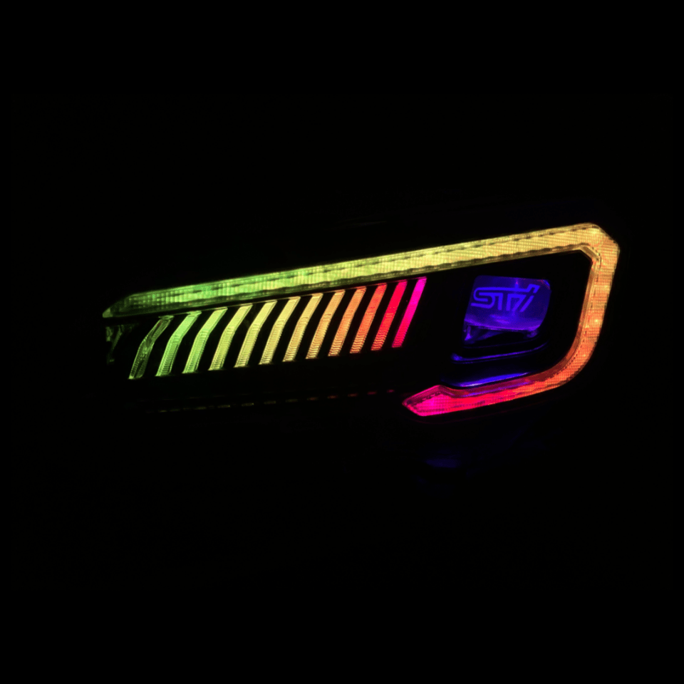 2015-2021 Subaru WRX STI Prebuilt headlights - RGB Halo Kits Multicolor Flow Series Color Chasing RGBWA LED headlight kit Oracle Lighting Trendz OneUpLighting Morimoto theretrofitsource AutoLEDTech Diode Dynamics