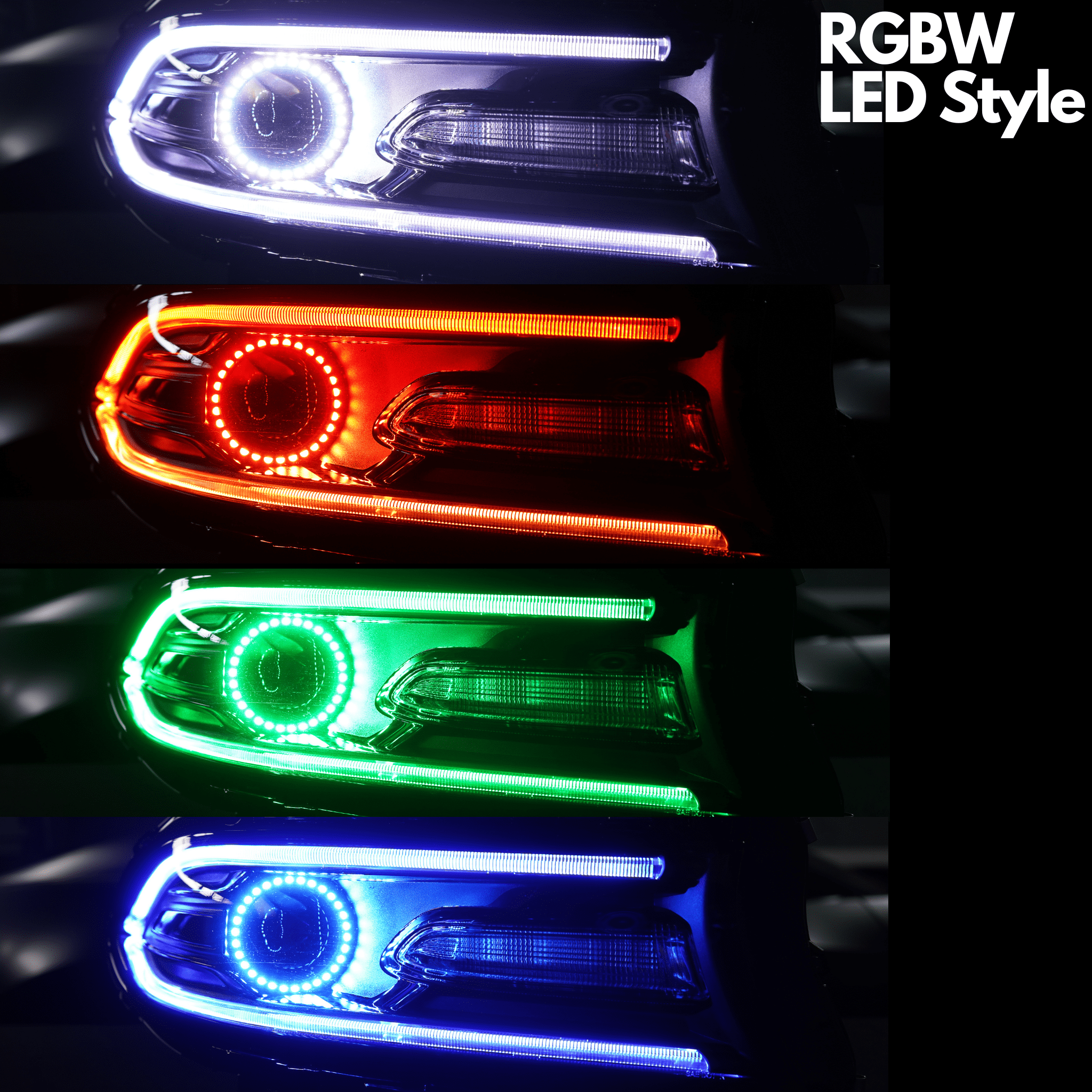 2015-2023 Dodge Charger Prebuilt Headlights - RGB Halo Kits Multicolor Flow Series Color Chasing RGBWA LED headlight kit Oracle Lighting Trendz OneUpLighting Morimoto theretrofitsource AutoLEDTech Diode Dynamics