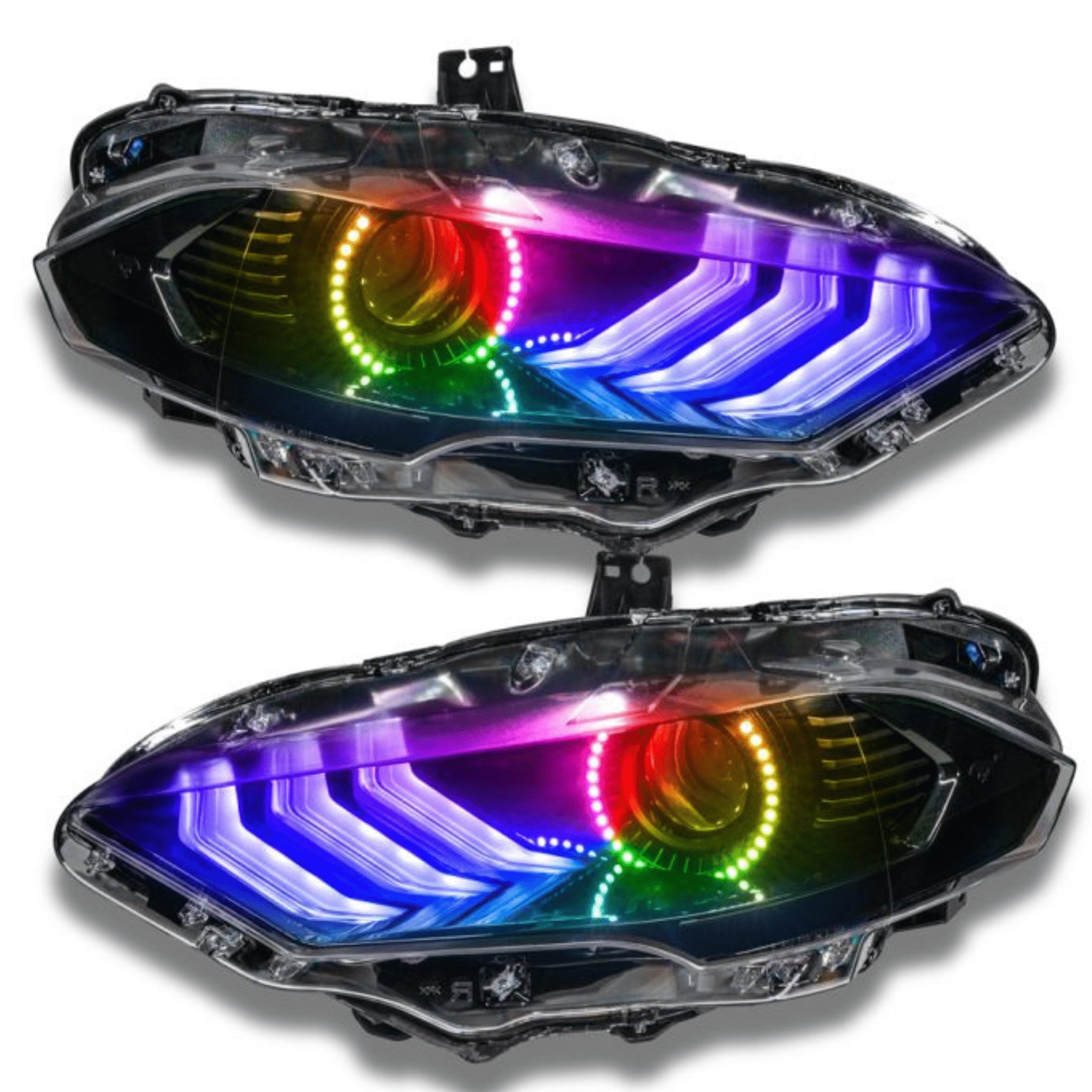 2018-2022 Ford Mustang Prebuilt Headlights - RGB Halo Kits Multicolor Flow Series Color Chasing RGBWA LED headlight kit Oracle Lighting Trendz OneUpLighting Morimoto theretrofitsource AutoLEDTech Diode Dynamics